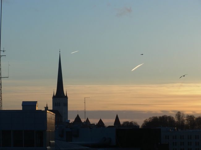 尖塔の見えるタリンの港からヘルシンキに戻る。空には飛行機雲や鳥が。。<br />。さすが世界文化遺産の町らしく、落ち着いていた。