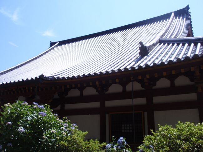 本堂の屋根瓦が光を反射してまぶしい。<br />真夏の風情。