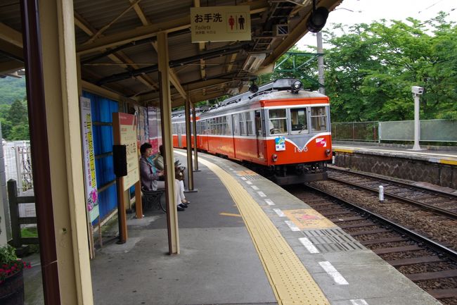 これが私たちが乗ってきた登山電車でした。<br /><br />昔、実家の隣町の町工場に通っていた頃の、蒲郡線の電車を思い出させるような車両です(^-^)<br />その電車は、車体が木製で、塗色はちょっと濃いめの緑色でした。