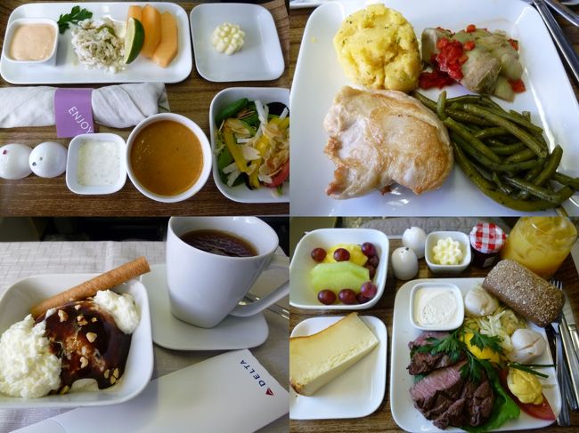 デルタの機内食<br /><br />左上：前菜<br />右　：メイン（チキン）<br />左下：デザート<br />右下が朝ごはんとのこと<br /><br />すごい量！！