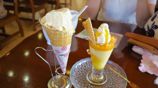 　園内探索が終わり、店内でスイーツを頂きました。<br /><br />　ここの名物、マンゴーソフトクリームとマンゴープリンです。<br /><br />　私は、ソフトクリームだけで大満足。<br /><br />　かみさんは、両方とも完食です。