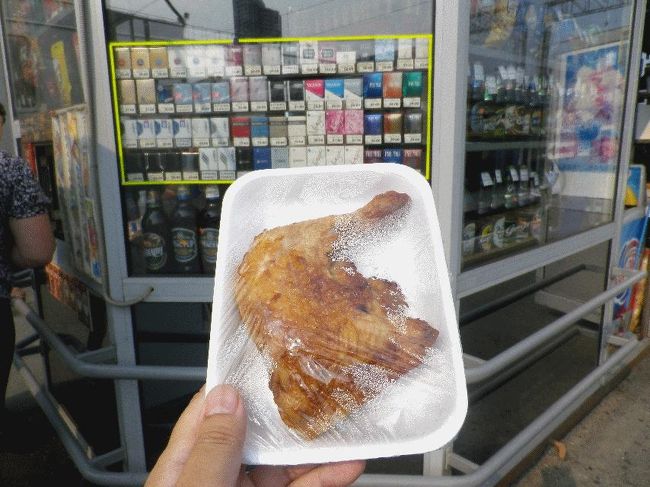 　単語だけの会話によると、レールと枕木を製造する工場（私が気になっていた例のもの）ということであった。どうしてそういう手順にするのか尋ねたいところであるが、お互いの語学力ではそこまで辿り着くことは不可能である。<br />　エカテリンブルグ（我々世代にとっては「スヴェルドロフスク」と言った方がわかりやすい）には、2分早着の17時35分に到着した。刺すような暑さの中先頭まで行って機関車の写真を撮り（今回、初めて晴れの日に逆光でなく撮れた）、急いで駅舎まで行って夜用の食材を買いあさった。<br />　ホームに戻ってみると、なんと大男のロシア人男性2人がホーム上で肩車をして、窓の汚れを拭いているではないか。平成版の宮脇俊三（ロシア人だが）を、まさに宮脇俊三が同様にして窓を拭こうとしたエカテリンブルグ（スヴェルドロフスク）で発見するとは、奇跡的なことである（写真を撮ろうとした瞬間に、作業は終わってしまった）。意味の分からない方は、宮脇俊三氏の『シベリア鉄道9400キロ』を参照してください。<br /><br />＠平成版宮脇俊三を撮れなかったので、売店で買った鶏肉を（普通サイズの足で100ルーブル（約300円）。やはり、賃金等に比して食費は高い気がする）