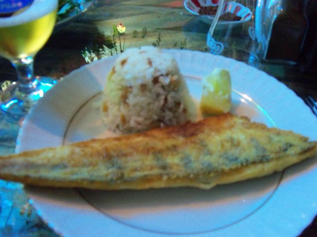 　ごはんと湖でとれたさかなのフライ、味はほとんど無く塩とレモンで味付け。<br /><br />　それなりに美味しかったですが料理の品が少なくこれで２０ＴＲ（１２００円）は高いと思います。<br /><br />　ビール一本５ＴＲ。<br /><br /><br />