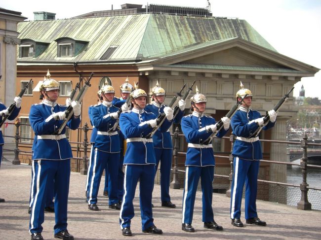 衛兵交代式を見にきました。スウェーデン色の兵服です。<br /><br />しかしイギリスの衛兵交代見てしまうと、他の国の衛兵交代って<br />まだまだ甘いな、って思いますね。<br /><br />でもイケメン率は高いですっ！！