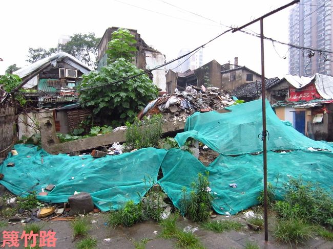 「じゃああなたは？まだここに住んでるの？」と聞くと、「いや、前はここに住んでいたんだけど、万博の前に引っ越したんだ。今は麻雀をやりに仲間に会いに来るだけだよ」と答えてくれました。<br /><br />「へえ、じゃあどこに住んでいたの？」と聞くと、指差してくれたのが、こちらの緑のネットで覆われている場所。「ここに父と母と住んでいたんだ。立ち退きで、浦東のマンションに引っ越したんだけど、母は引っ越してすぐになくなったよ。老人だからね、この場所が命と同じようなものだったから」と。すると、雨脚が突然強くなってきました。<br /><br />私はなんだかとてもしんみり…