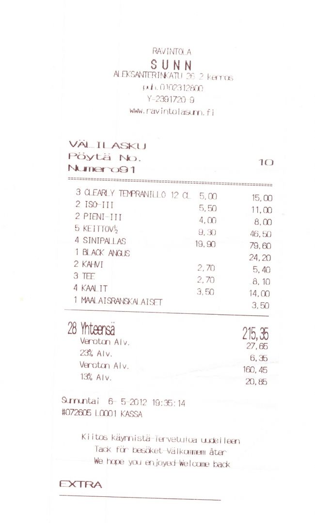 全部で215.5ユーロ，5人で食べればこんなものかな