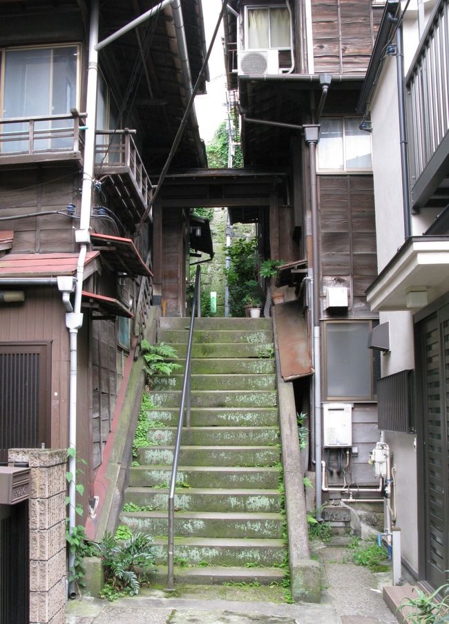 　門を潜り路地に入って来ました、階段を降ります。<br />振返って見ます、戦前の風景を思い出す佇まいでした。<br />　ここに間違いありません、一葉が父の死後母と妹の３人で、明治２３年に移り住んだ場所です。ここで３年間暮らしました。<br />一葉の家は、階段下の向って左側だそうです。<br />今の建物は、戦後に建てられたもので、一葉時代とは関係有りません。<br />　尚一葉はここに移り住むまで、上野黒門町、芝高輪、神田神保町、神田淡路町と転々と居を変えています。　父親の事業の失敗が影響しているのでしょう。<br />&quot; 寝ざめせし　よはの枕に音たてて　なみだもよほす　初時雨かな&quot;　　一葉