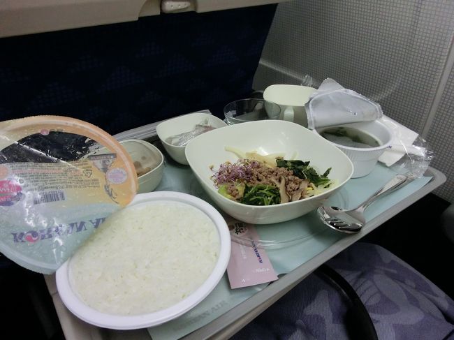 食べたら、機内は真っ暗になります。「寝ろ！」と。<br />寝ますよ。たぶん眠れませんが。先は長く時計とにらめっこしていても<br />仕方ないので、寝る努力はします。<br />旅行記に書いてあったように、ホノルル行きに搭乗後、すぐに時計をハワイ時間に合わせます。日本と韓国の時差は同じなので、20時ですが、ハワイでは、午前1時です。寝なきゃ！！