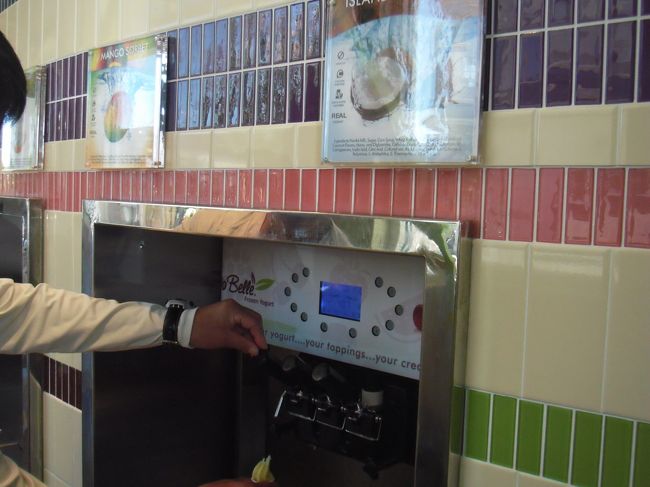 お店に入ると店員さんが試食用の小さなカップを数個くれます。<br /><br />試食用の機械が数台あって<br />自分でレバーを引くと、ソフトクリームを作る要領で<br />フロースンアイスがでてきて食べられます。<br /><br />試食だけで10種類くらいあり<br />お腹いっぱいになってしまいました。