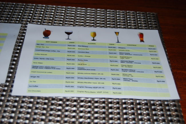 ドリンクのメニュー。<br />カクテルは70000ルピアです。<br />ソフトドリンクは25000ぐらい<br />ビールが45000ぐらい