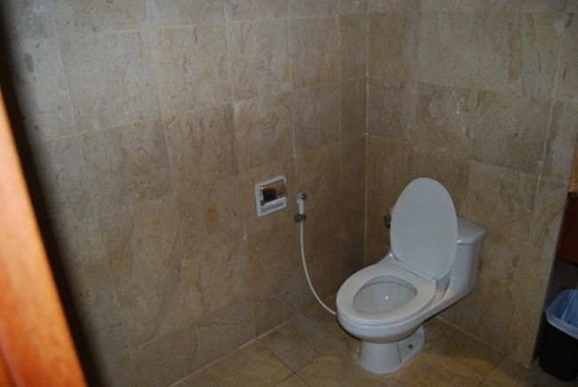 トイレ。<br />左のシャワーみたいなのは、タイなどでよく見かける、手動のウォシュレットですね。<br /><br />チャンギでは、和式トイレのみにこれがついていました。洋式は普通のトイレでした。<br />ですから、和式トイレの入り口には必ず、床濡れ注意の看板が置いてあります。もちろん、中はビシャビシャです。(^^;)