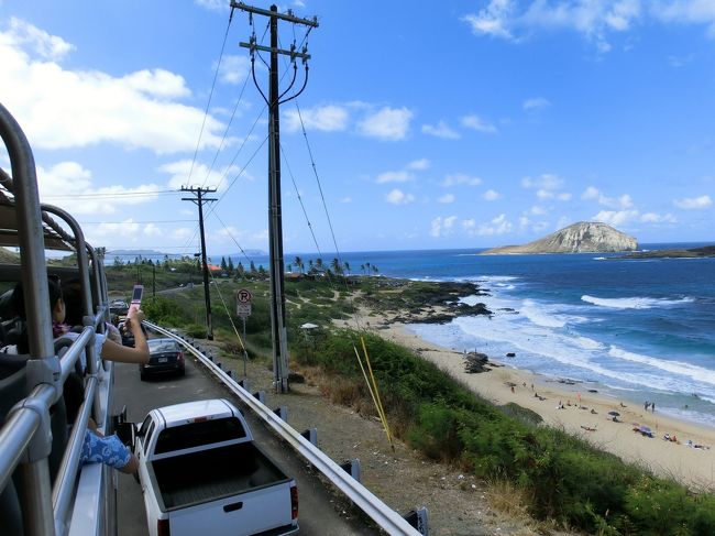 風が強いですが、みんな絶景を写真に撮っています。<br /><br />この後は来た道をワイキキへ戻ります。<br />帰りは特にガイドもなく、オープントップの２階席で、強い風<br />に打たれながらの帰り道です。<br /><br />でも、今朝ハワイに着いた人たちは、みな、うたた寝しています。<br />仮眠にはちょうどよかったかも。熟睡もできないしネ。<br /><br />このツアーのおかげで、夜まで寝ずに済みました（笑）<br />時差ボケ解消です。<br /><br />予定より少し早く17時前に、終了です。