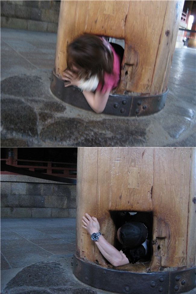 そして冒頭の写真でおわかりのように<br /><br />大仏の鼻(の大きさの穴)、通れましたっ<br />しかもけっこう余裕で！<br />ただ入る前はすごく狭くみえて 無理でしょーと<br />一度は諦めて大仏殿を出たものの思い直して<br />わざわざ戻ってチャレンジ(笑)<br /><br />せっかく来たんだし あとで後悔したくない！と思ったのです<br />いい思い出になったので行かれたら是非チャレンジしてほしいです<br />が、万が一抜けなくなっても当方では責任負いません(笑)<br /><br /><br />小柄だけどがっしり体型な相方はギリギリでした<br />ギリギリすぎて肘を擦りむき 出血(笑)