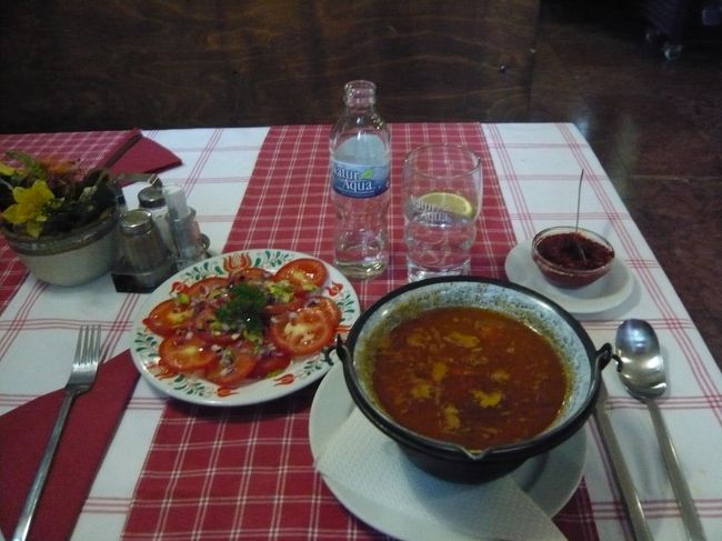 デアーク広場やイシュトヴァーン大聖堂周辺で、ベタなお土産を探したりふらふら買い物を楽しむと、さケーキでお昼をごまかしていたお腹が空腹に。<br />今日こそロールキャベツを！とあちこち探し回る。<br /><br />と、ついにメニューに“TolotottKaposzta”の文字が！<br /><br />「あった〜！！！」<br /><br />うきうきお店に入って飲み物と一緒に注文。<br />するとお兄ちゃんが残念そうな顔で「今日は終わっちゃって…」。<br /><br />「ええ〜っ？？？」<br /><br />これが食べたくてあちこち探したのに…。<br />でももう空腹すぎて、席立って他の店をさがす元気もなく<br />結局また、グヤーシュを頼んでしまった…(泣）。<br />あと生野菜も食べたかったのでトマトのサラダも注文。<br />お値段が安めだったので、まあいいだろう。<br />一応最後の晩餐だし(涙）。<br /><br />でてきたグヤーシュは、コレまでのカップスープみたいなのと違って、かなり本格的な煮込み料理っぽい感じでした。<br />お肉もゴロゴロ入ってたし、パンが出てこなかったのは残念だったけど、充分満腹になった。<br />食前のスープだと思っちゃいけなかった。メインだ、これは。<br />ということで、またしても一応は満足(単純すぎる）。<br />トマトも美味しかったし、なにより安かった！<br />ここでフォリントもほぼ使い切る。<br />明日、空港までのタクシー、カード使えるよな…