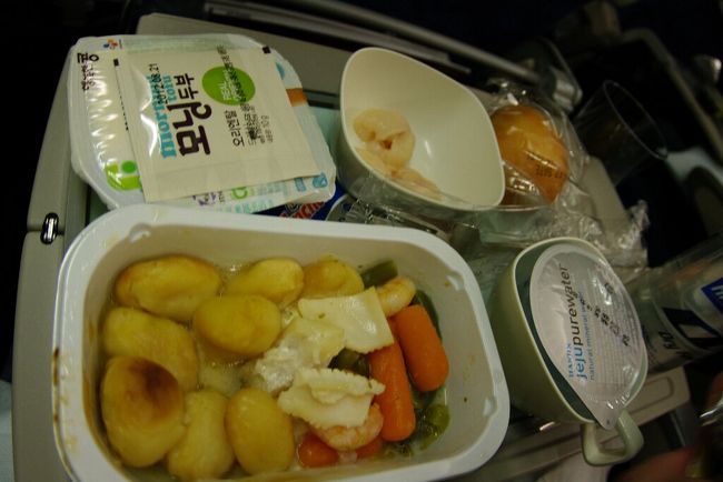 　寅さんは「シーフード」にしましたが，食感や味付けが口に合わなかったようです。半分以上残していましたが，僕は『ラウンジでのビールの飲み過ぎのせいじゃないかな…』と疑っています。ちなみに左上の白い物体は豆腐です。ポン酢のようなつけだれで食べます。