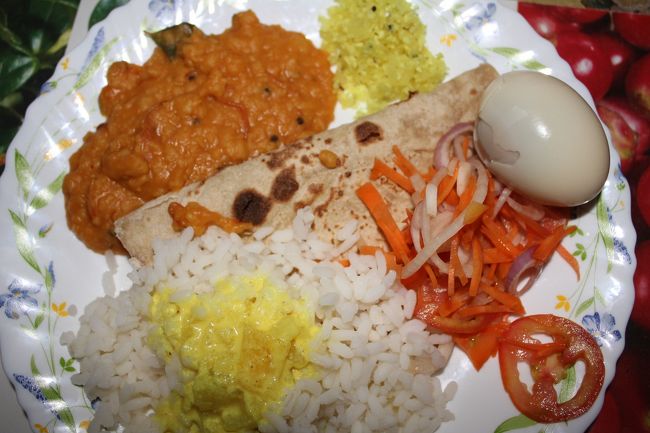 Chennamkariという村で１泊ホームステイ。そこでの夕飯。<br /><br />4年前からホームステイを始めたが、日本人は初めてという。大学生のお姉さんが、友人の子どもをよくめんどうみてくれる。気が付くとお姉さんのひざの上でテレビに見入っていた。<br /><br />ここは1泊2600Rsで、前の宿で船と一緒に手配したときに800Rs前払いした。おそらく800Rsは手配した宿の旅行会社に入り、1800Rsがホームステイ先に入るのだろう。