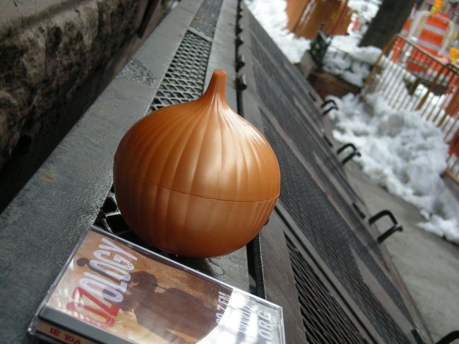 ごみ置き場の上に玉ねぎとＣＤが。