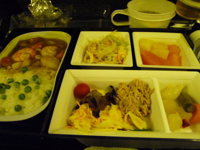 では、帰国便の機内食。<br /><br />帰国便は定刻離陸、定刻到着。ありがたいです、本当に・・・<br /><br />機内食1回目。和食を選んだところ和風カレーという不思議メニューでした。