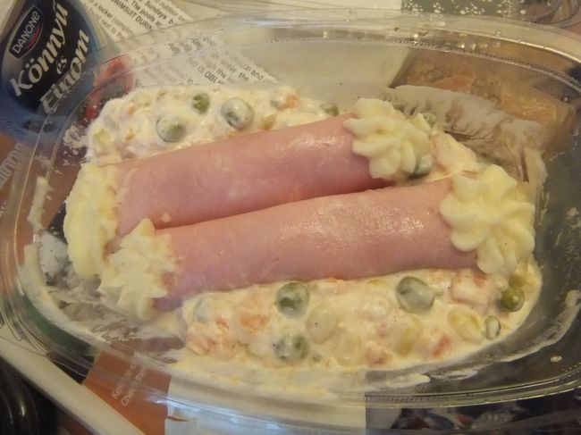 パッケージでよく見えなかったけれど、ポテトサラダとハムでした。<br /><br />この食事、しめて８７２フォリント（約３００円）<br /><br />ただし、袋をくれなかったのでブラックカーラントがバッグの中に数粒落ちて、翌日バッグの中がすごいことになっていました。<br />落ちているかもしれないとは思ったけれど、バッグをひっくり返す気力はなかったので落ちていない、大丈夫と自分を納得させてしまっていたのです。<br /><br />このホテルはロビーでしかネットつながらない（部屋は有料）ため、ロビーで現地UPし、疲れたので夜景を見に行くのはあきらめて寝ました。<br /><br />続く