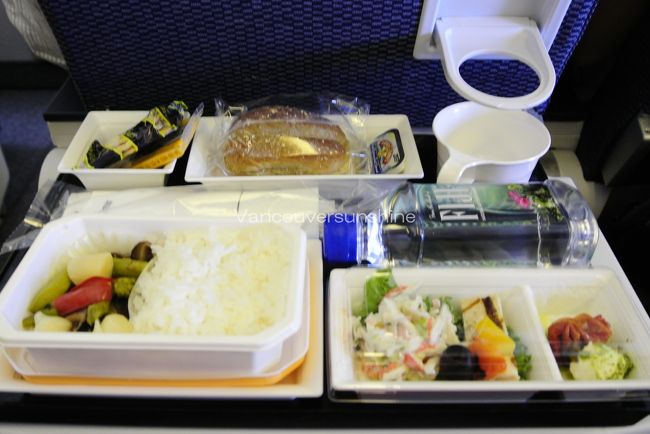 帰りの便は、国際線では初めての利用となる、全日空。<br /><br />2回ある機内食のうちの1回目。<br />フォークやスプーンなどがプラスチックではないことに驚き。<br />容器もしっかりとしたつくりでした。