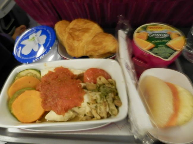 タイ航空機内食②　鶏肉のトマト煮込<br />これも低カロリーミール。やはりチラ見される。<br />ちなみに帰りもまったく同じものが出てきた・・<br />次回からは普通食にしよう。<br />胃もたれは付き物だ（笑）！<br />