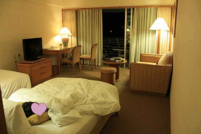 部屋の様子。<br />３人の場合はここにエキストラベッドを入れてありました。<br />広さは十分です。<br />バスとトイレが一緒なのが残念ですが、我が家は山田温泉に毎日入りに行ってたので問題なし。<br />洗面台が広いので荷物はそこへ置き、身支度するのが便利でした。