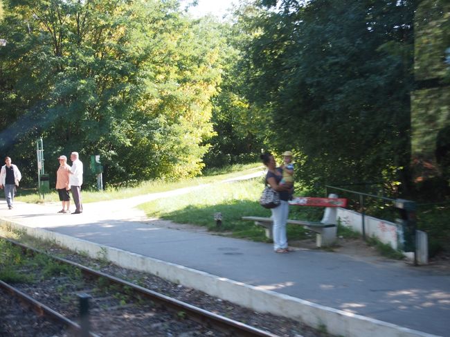 おばあちゃん(多分）に抱かれた　男の子が　電車に向かって　手を振っています。