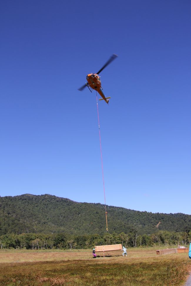 ヘリコプターで木道用！？の木を運んでる。<br />凄い風。