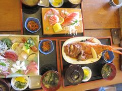 昼食はどうしても鯛が食べたい！

ということで、青木さざえ店さんで鯛の煮つけ定食、鯛さしみ定食、オススメお刺身定食♪

どれも絶品美味しい(*^^*)

とくに鯛のお刺身はとろける旨さ！！