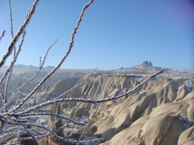 雪を薄く羽織った枝とギョレメの谷、バックの青空がきれいです。今回のお気に入り写真です。<br />ここでは、のびーるアイスクリームを売っています。昼、少し暖かくなってから食べました。