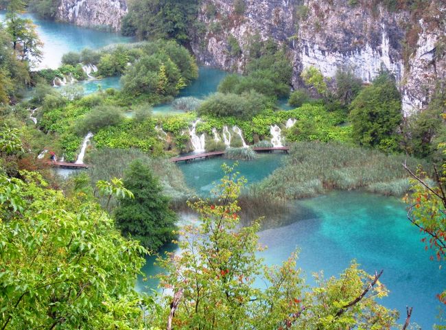 再度、プリトビッツェ国立公園の全体を分かる為に、展望台からの写真を見て頂きます。この写真は入口１からST1に続く、崖の上の遊歩道近くにある展望台からの写真です。階段状に続く湖と湖から流れ落ちる滝の美しさが一番分かる展望台でした。水の色も、雨の中でもこれほど青く見えるのには、驚かされます。