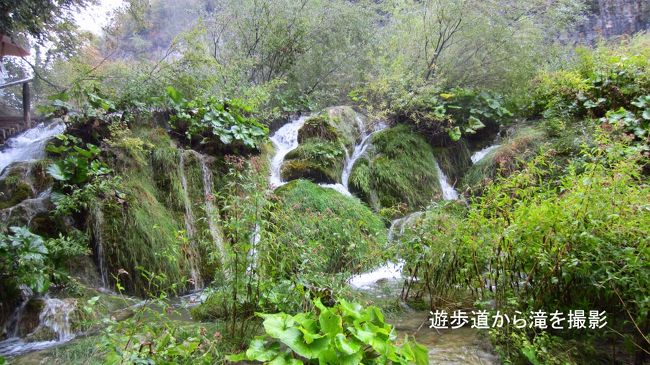 崖の上の展望台から、崖の下まで降りて遊歩道を散策しながら滝を撮影。崖の下に降りる場所は入口１からプリトビッツェの大滝に下る所しかないので、展望台見学後ST1から入口1へ戻る必要があります。これを知らずに、プリトビッツェの大滝をみて、湖の近くの遊歩道を行って、コズィヤク湖を船で渡って、入口2からバスで帰ってしまうと展望台からの絶景を見落とす恐れがあるので、見学には注意が必要です。