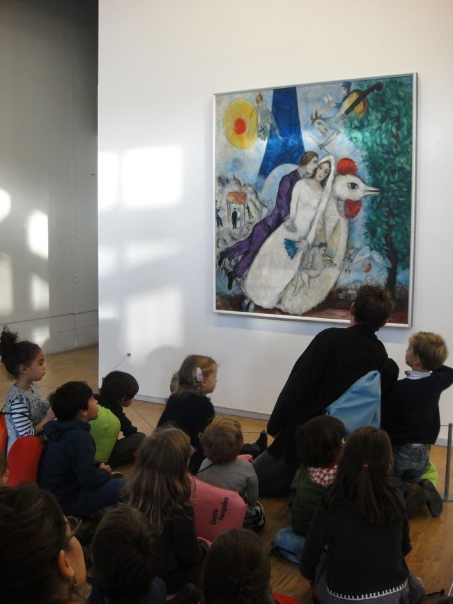 シャガールの絵の前で先生が一生懸命説明している。