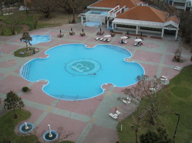 部屋から庭を見るとプールが。<br />夕方で寒そうだけど、お姉さんが泳いでる。。。