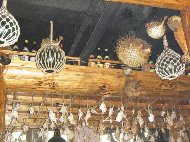 天井に無数の泡盛の瓶。（古酒にしてるの？）<br />他にも色々飾りつけてあって、子供たちも飽きません。
