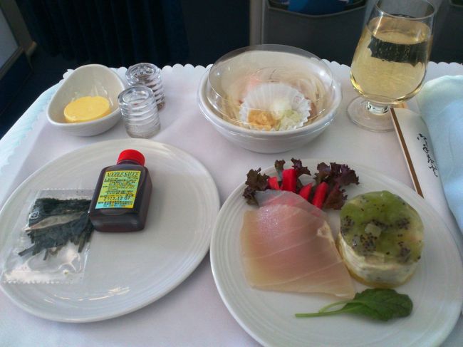 マレーシア航空（クアラルンプール行き）のビジネスの前菜です。<br />右下のプレート・・・どうやらマグロらしい。結構美味しかったけど。