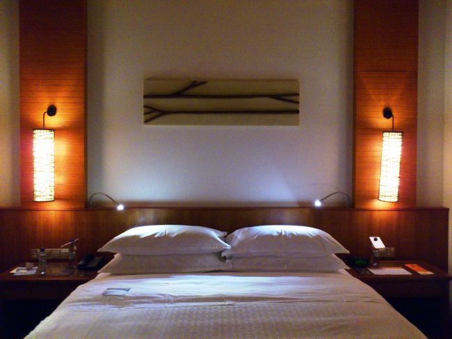 ホテルの部屋は、アップグレードされて（SPGプラチナメンバー特典利用）で水上コテージです。<br /><br />とは言え、ベッドルームは普通・・あたりまえですが♪クィーン・サイズですね。