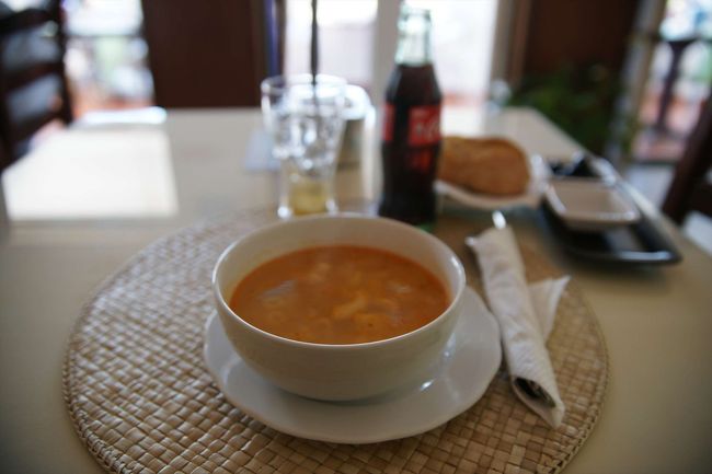 外から見るとなんの変哲もないお店だったけど、中には結構人がいてテラスからの眺めもよかったです。でも今日はエアコンの効いた店内で食事をすることにしました。 <br />店員さんが頑張ってメニューを紹介してくれて、日替わりの中からスープとビーフステーキのメニューを注文。飲み物はいつもの様にコーラ。 <br />