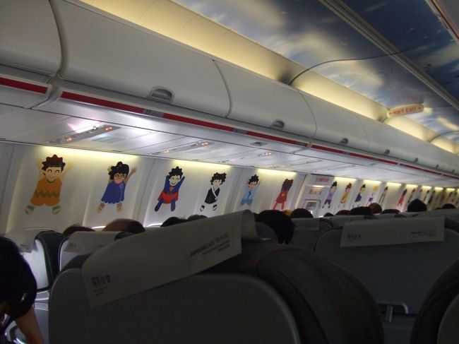今回はイースター航空で行きました。<br />小さい飛行機で機内食などもついてないけど、韓国は近いので何の問題もなし。<br />機内に可愛いイラストが描いてありました☆