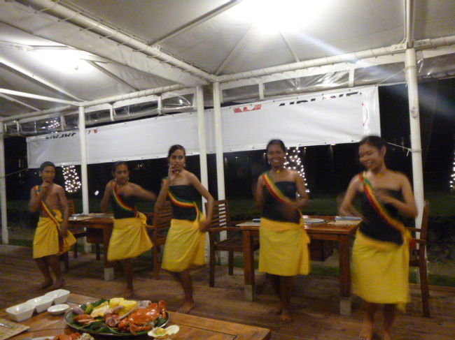 夕食は１８時の予約。<br />夕方から土砂降りの雨だけど…、BBQ！<br />シャコ貝とココナッツの刺身もいただく。<br />地元の子供たちがパラワンダンスを披露してくれた。<br /><br />「キュート！」<br /><br />BBQで食べ切れなかった焼きおにぎりを手土産にしてくれた。<br />部屋に戻る途中、ホテルに住み着くネコに少しだけおすそわけ。