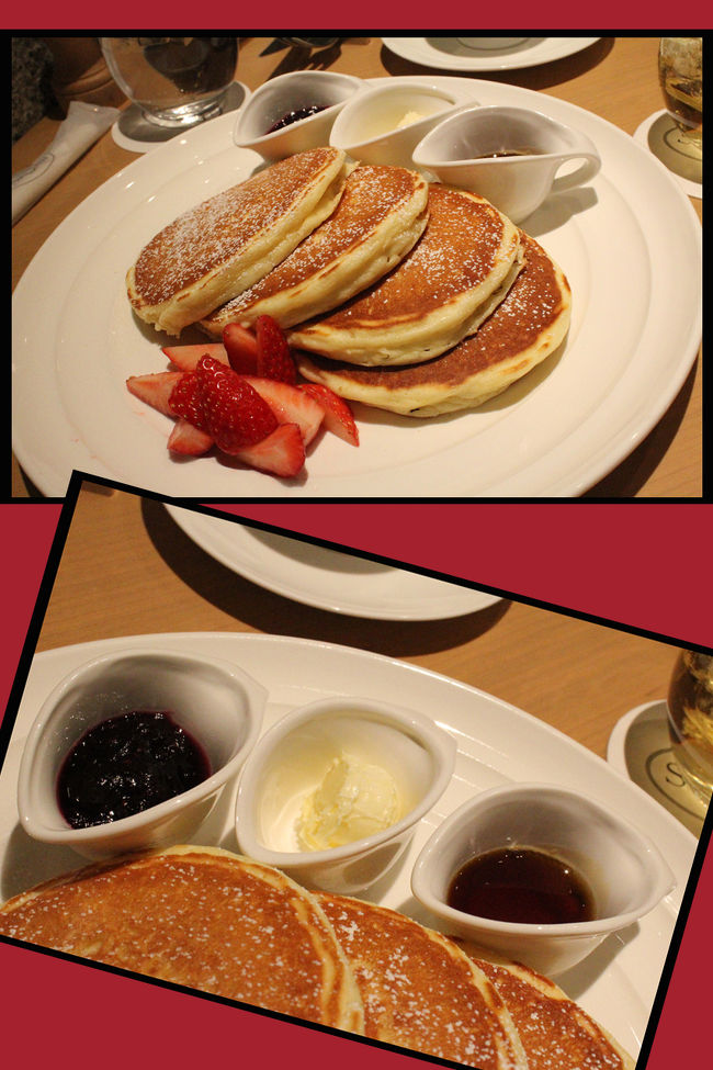 ふわふわのパンケーキ♪<br /><br />確かにすごく美味しいよ〜〜<br />しつこくないし、食べやすい！<br />これだけの量があるのに、ペロっといけちゃう感じ。<br /><br />甘さもしっとりさも程よくて、かなり良いかも〜〜♪<br /><br /><br /><br /><br /><br /><br /><br /><br />左から、、、<br />フルーツスプレッド、ミルクバター、メープル♪<br /><br />あっさりした生地だから、どれを付けても美味しかったわ。