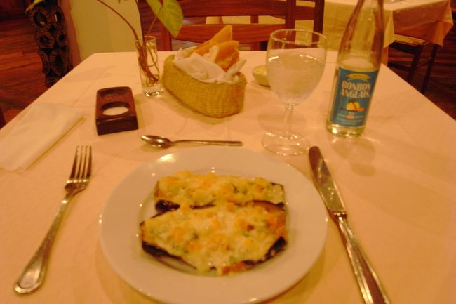 １８：００　夕食<br />なすのグラタン頼んだらなすの上に・・・<br />メインはボロネーゼ<br />デザートはプリン？