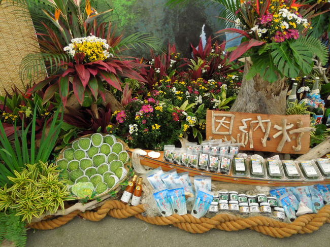 会場内には色々な沖縄の市町村がブースを出していて食べ物や花などが並べられています。試食コーナーもあったりして結構無料で楽しめました。