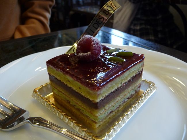 「キャレ・オペラ・モデルヌ」<br /><br />間に挟まっている緑の部分はビスタチオムース、一番上に載っているのはローズの香りのフランボワーズジャム。<br />甘味と酸味の絶妙な味わいの一品でした。