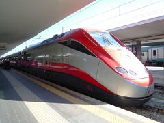 テルミニ駅で１１時ちょうど発のイタリア版新幹線、フレッチャロッサ（Ｆｒｅｃｃｉａｒｏｓｓａ)に乗り換えます。地下通路を通って直接フレッチャロッサの発着するホームに移ります。
間もなく列車が入ってきました。フレッチャロッサは「赤い矢」という意味で、名前の通り赤が印象的。車内は満席です。
しばらく走ると高速列車専用線に入り、快晴のイタリアを時速３００ｋｍで飛ばします。ものすごいスピード感です。左にはずっと山並みが続いています。
１時間ほどで左前方にベスビオ火山の姿が見えてくるとナポリ中央駅です。１２：１０到着。