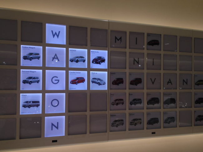 壁にはTOYOTAのいろんな車がライトアップされる。