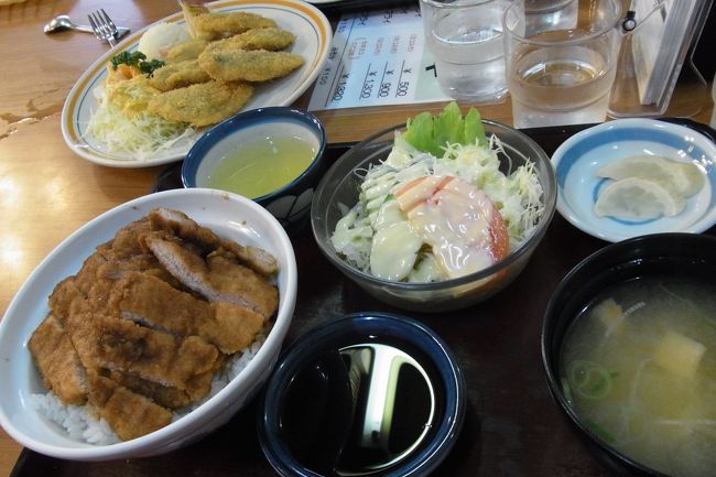 ソースカツ丼大盛と普通盛りをひとつずついただき、取り分けて食べます。奥に見えるのは、牡蠣フライ。大きな身で、満足でした。<br /><br />さて、ソースカツ丼。<br />ソース派じゃないんだよね〜と、食べる前は正直微妙でしたが、こちらのソースは食べやすい！そして、お肉がビックリするほど柔らかい！娘さんもいただけましたよ。<br />満足満足♪