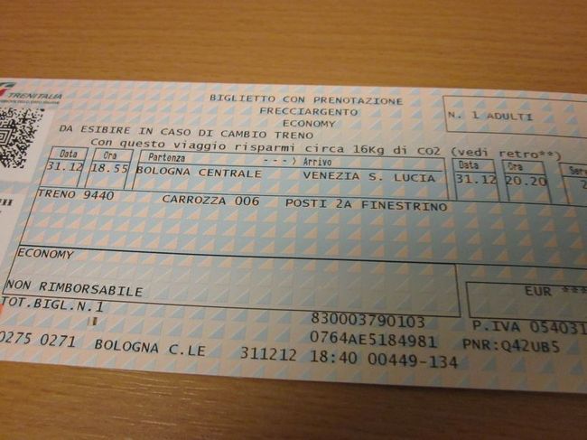 ボローニャ〜ベネチアの運賃は19ユーロ（約2,185円）でした。