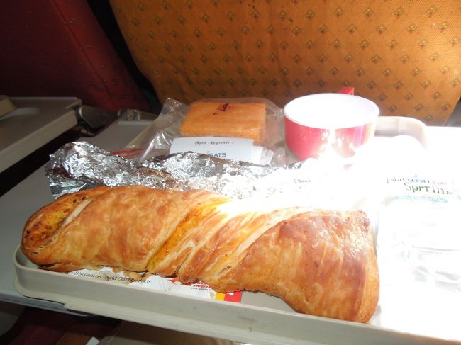 エアインディア国内線の機内食。<br />これが超美味でした。このデニッシュのなかにマサラ的なものが入っていて・・インドらしい感じでした。<br /><br />帰りもこれを期待したのに(T_T)　超まずいコッペパンサンドでした。