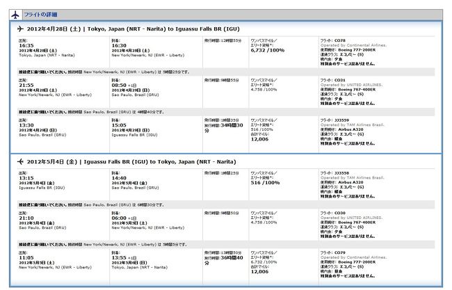 今回のフライトスケジュール。１月末に、イグアス行きを決意。今回は、イグアスの滝がメインなので、脇目をふらない、フライトスケジュール、旅行計画を立てた。